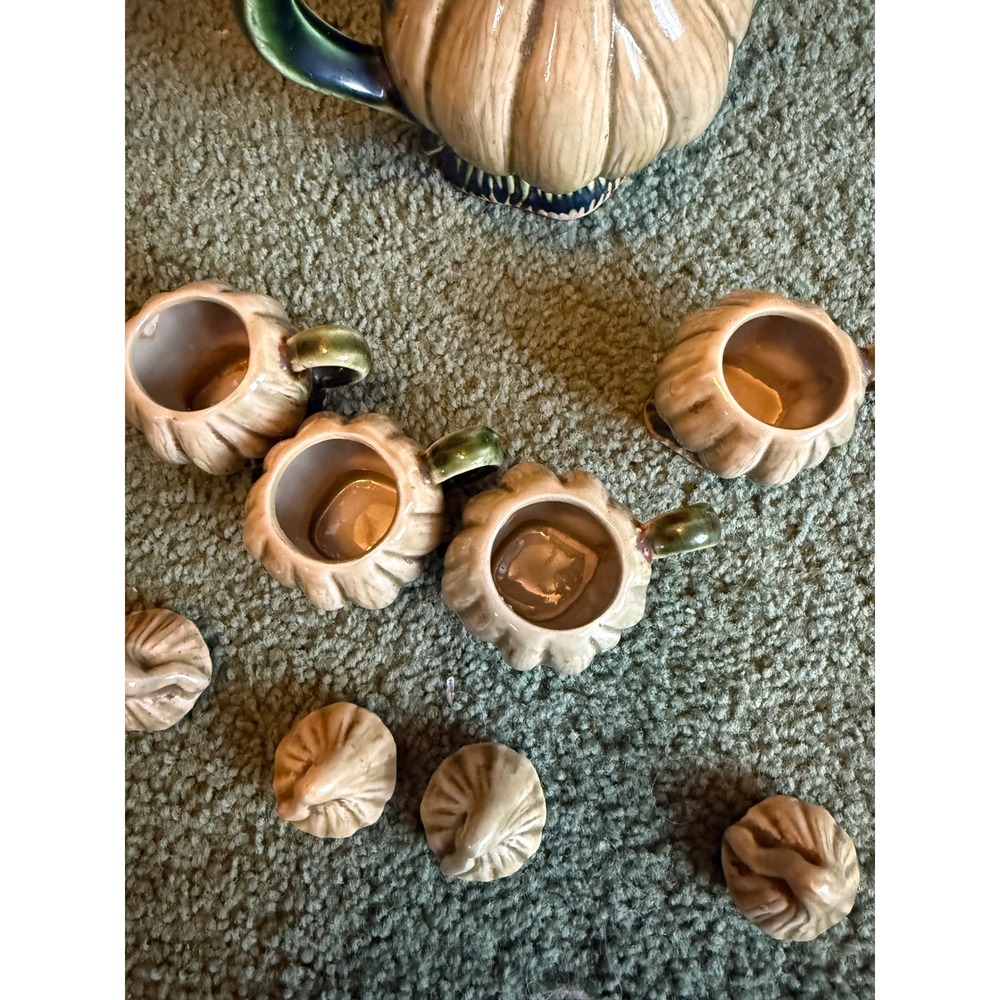 Vintage Pumpkin Gourd Ceramic Tea Set Teapot 4 Lidded Cups Tan Green Autumn - Picture 5 of 5